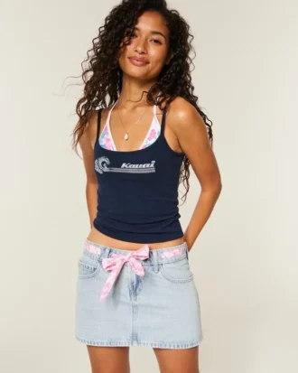 Düşük Bel Bağcıklı Denim Mini Etek