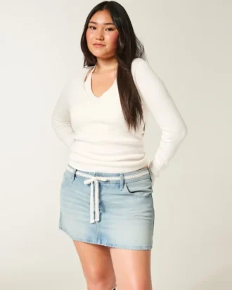 Düşük Bel Dantel Bağcıklı Denim Mini Etek