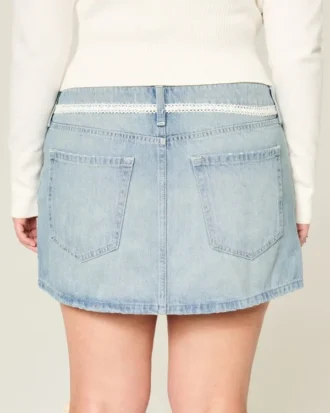 Düşük Bel Dantel Bağcıklı Denim Mini Etek