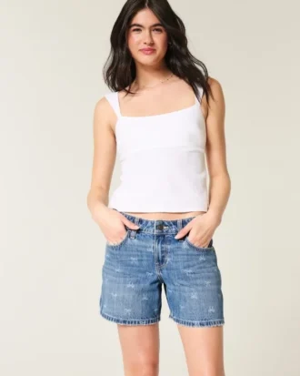 Düşük Bel Fiyonk Desenli Bol Denim Şort