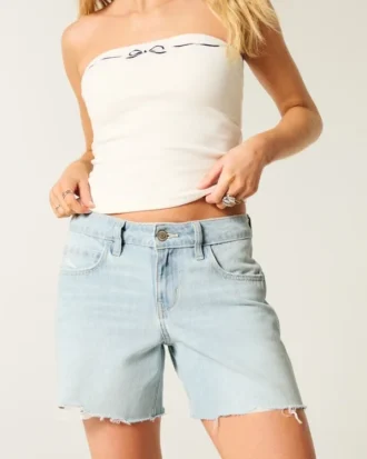 Düşük Bel Hafif Yıkama Bol Denim Şort 5″