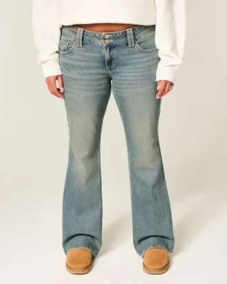 Düşük Bel Kelebek Nakışlı Orta Yıkama Bootcut Kot Pantolon