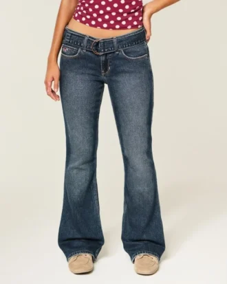 Düşük Bel Koyu Renkli Kemerli Bootcut Kot Pantolon