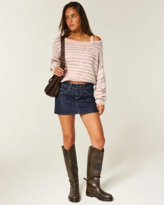 Düşük Bel Koyu Yıkama Denim Mini Etek