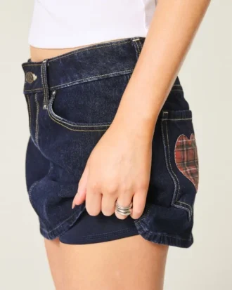 Düşük Bel Koyu Yıkama Ekose Cepli Denim Mini Etek