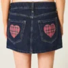 Düşük Bel Koyu Yıkama Ekose Cepli Denim Mini Etek