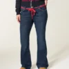 Düşük Bel Koyu Yıkama Kırmızı Bağcıklı Bel Bootcut Kot Pantolon Düşük Bel Koyu Yıkama Kırmızı Bağcıklı Bel Bootcut Kot Pantolon