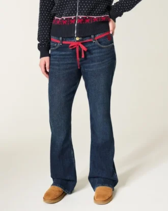 Düşük Bel Koyu Yıkama Kırmızı Bağcıklı Bel Bootcut Kot Pantolon
