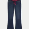 Düşük Bel Koyu Yıkama Kırmızı Bağcıklı Bel Bootcut Kot Pantolon Düşük Bel Koyu Yıkama Kırmızı Bağcıklı Bel Bootcut Kot Pantolon