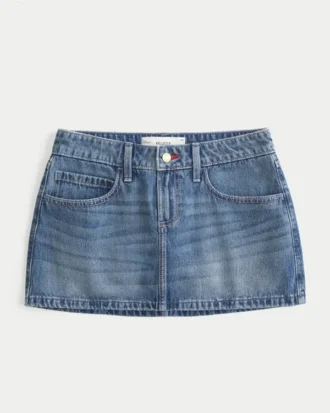 Düşük Bel Kırmızı Dikişli Denim Mini Etek