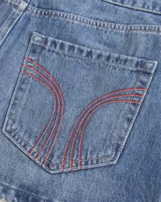 Düşük Bel Kırmızı Dikişli Denim Mini Etek