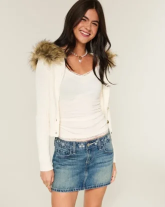 Düşük Bel Nakışlı Denim Mini Etek