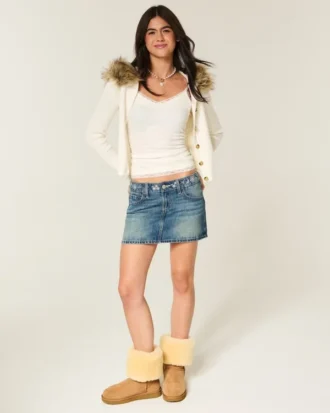 Düşük Bel Nakışlı Denim Mini Etek