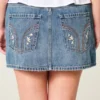 Düşük Bel Nakışlı Denim Mini Etek