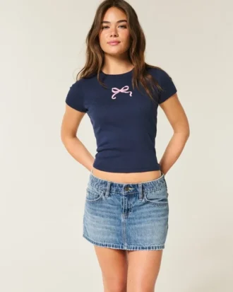 Düşük Bel Nakışlı Fiyonklu Denim Mini Etek