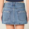 Düşük Bel Nakışlı Fiyonklu Denim Mini Etek