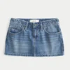 Düşük Bel Nakışlı Fiyonklu Denim Mini Etek