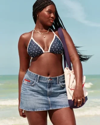 Düşük Bel Orta Yıkama Bayraklı Nakışlı Denim Mini Etek