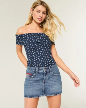 Düşük Bel Orta Yıkama Bayraklı Nakışlı Denim Mini Etek