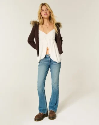 Düşük Bel Orta Yıkama Çivili Bootcut Kot Pantolon