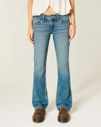Düşük Bel Orta Yıkama Çivili Bootcut Kot Pantolon