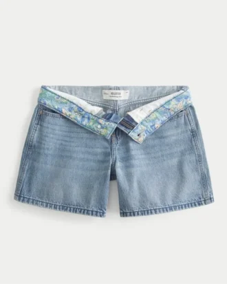 Düşük Bel Orta Yıkama Katlamalı Bel Bol Denim Şort 5″