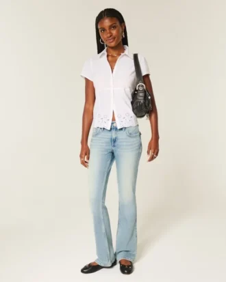 Düşük Bel Orta Yıkama Nakışlı Kelebek Bootcut Kot Pantolon