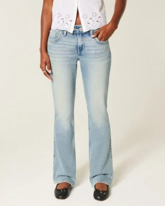 Düşük Bel Orta Yıkama Nakışlı Kelebek Bootcut Kot Pantolon