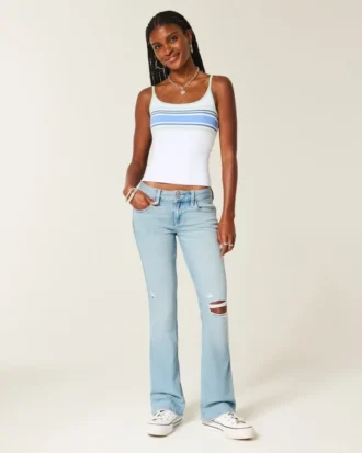 Düşük Bel Yırtık Açık Renkli Nakışlı Bootcut Kot Pantolon