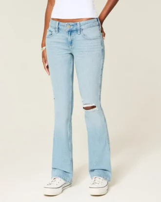 Düşük Bel Yırtık Açık Renkli Nakışlı Bootcut Kot Pantolon