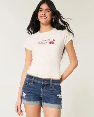 Düşük Bel Yırtık Koyu Yıkama Denim Kısa Şort