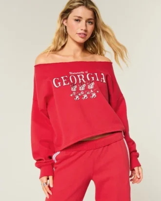 Easy Double Off-the-Shoulder Georgia Üniversitesi Grafikli Sweatshirt