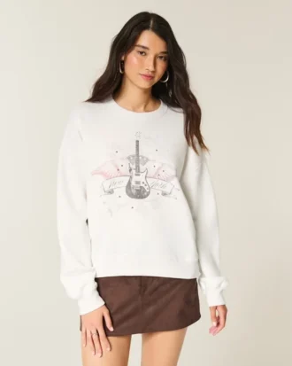 Easy New York Gitar Çivili Grafikli Crew Sweatshirt