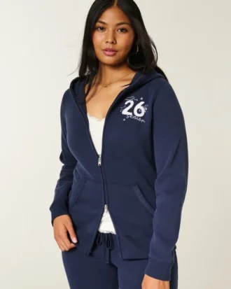 Fermuarlı Senior ’26 Grafik Kapüşonlu Sweatshirt
