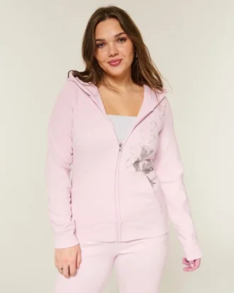 Gül Desenli Fermuarlı Kapüşonlu Sweatshirt