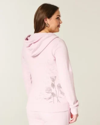 Gül Desenli Fermuarlı Kapüşonlu Sweatshirt