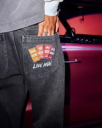 Hollister x Taco Bell Yıkanmış Siyah Nakışlı Grafik Baggy Jeans