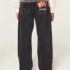 Hollister x Taco Bell Yıkanmış Siyah Nakışlı Grafik Baggy Jeans