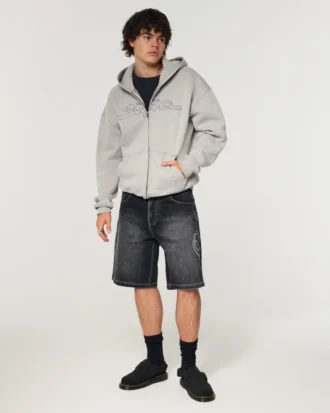Çift Grafik Bol Denim Şort