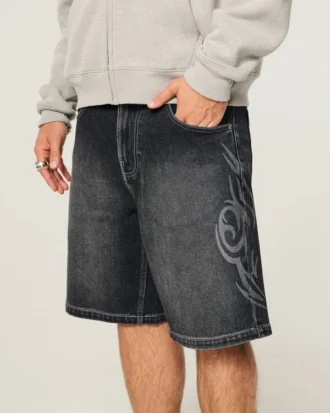 Çift Grafik Bol Denim Şort