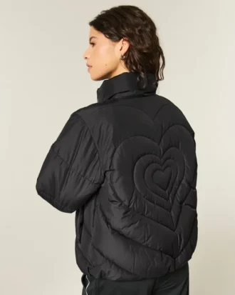 Kapitone Kalp Fermuarlı Puffer Ceket