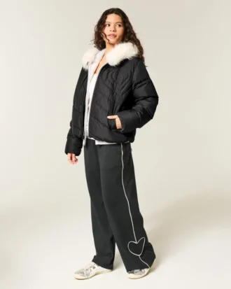 Kapitone Kalp Fermuarlı Puffer Ceket