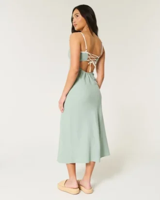 Keten Karışımlı Arkası Açık Slip Midi Elbise