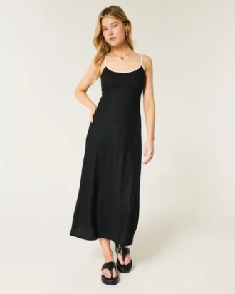Keten Karışımlı Arkası Açık Slip Midi Elbise