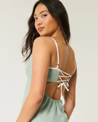 Keten Karışımlı Arkası Açık Slip Midi Elbise