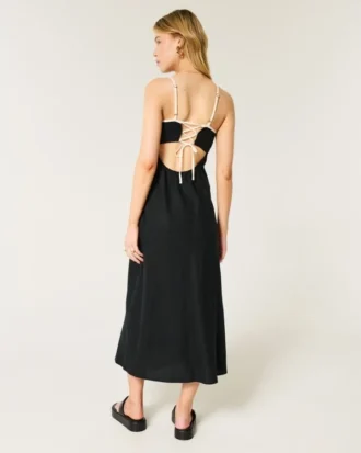 Keten Karışımlı Arkası Açık Slip Midi Elbise