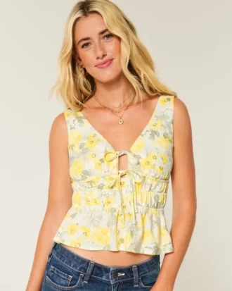 Keten Karışımlı Önden Bağlamalı Peplum Üst