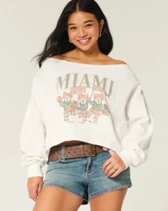 Kolay Çift Omuz Dışı Miami Grafik Sweatshirt
