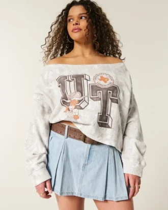 Kolay Çift Omuz Dışı Texas Üniversitesi Grafikli Sweatshirt