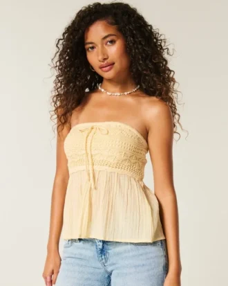 Kolay Straplez Kroşe Karışımlı Babydoll Üst